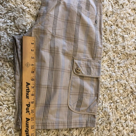 Mens Sz 34 Lightweight Cargo Shorts 12" Tan Plaid Adjustable Drawstring Waist HR - Picture 9 of 9
